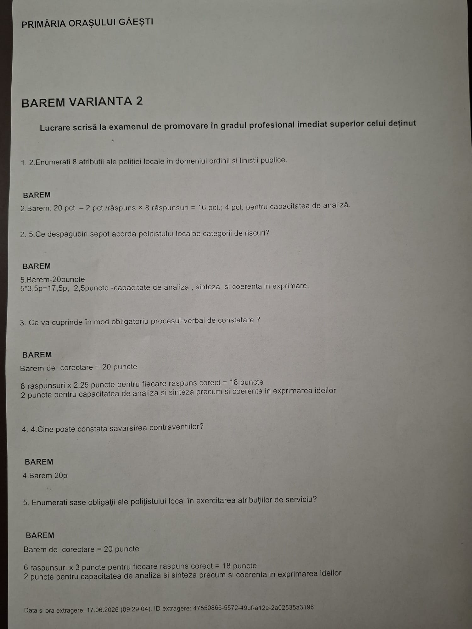 Barem de corectare pentru lucrarea scrisa la examenul de promovare in grad profesional imediat superior celui detinut