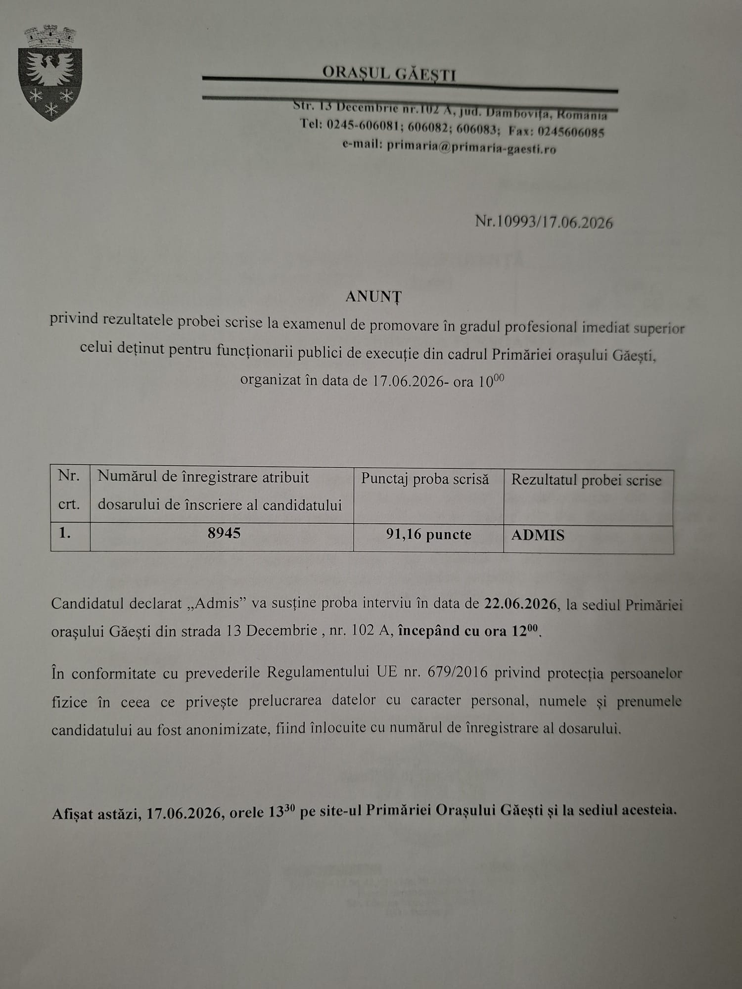 Rezultatul examenului de promovare in grad
