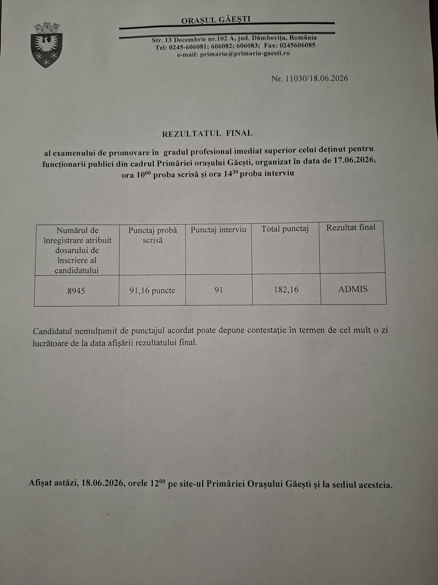 Rezultatul final al examenului de promovare in gradul profesional imediat superior celui detinut pentru functionarii publici din cadrul Primariei Orasului Gaesti