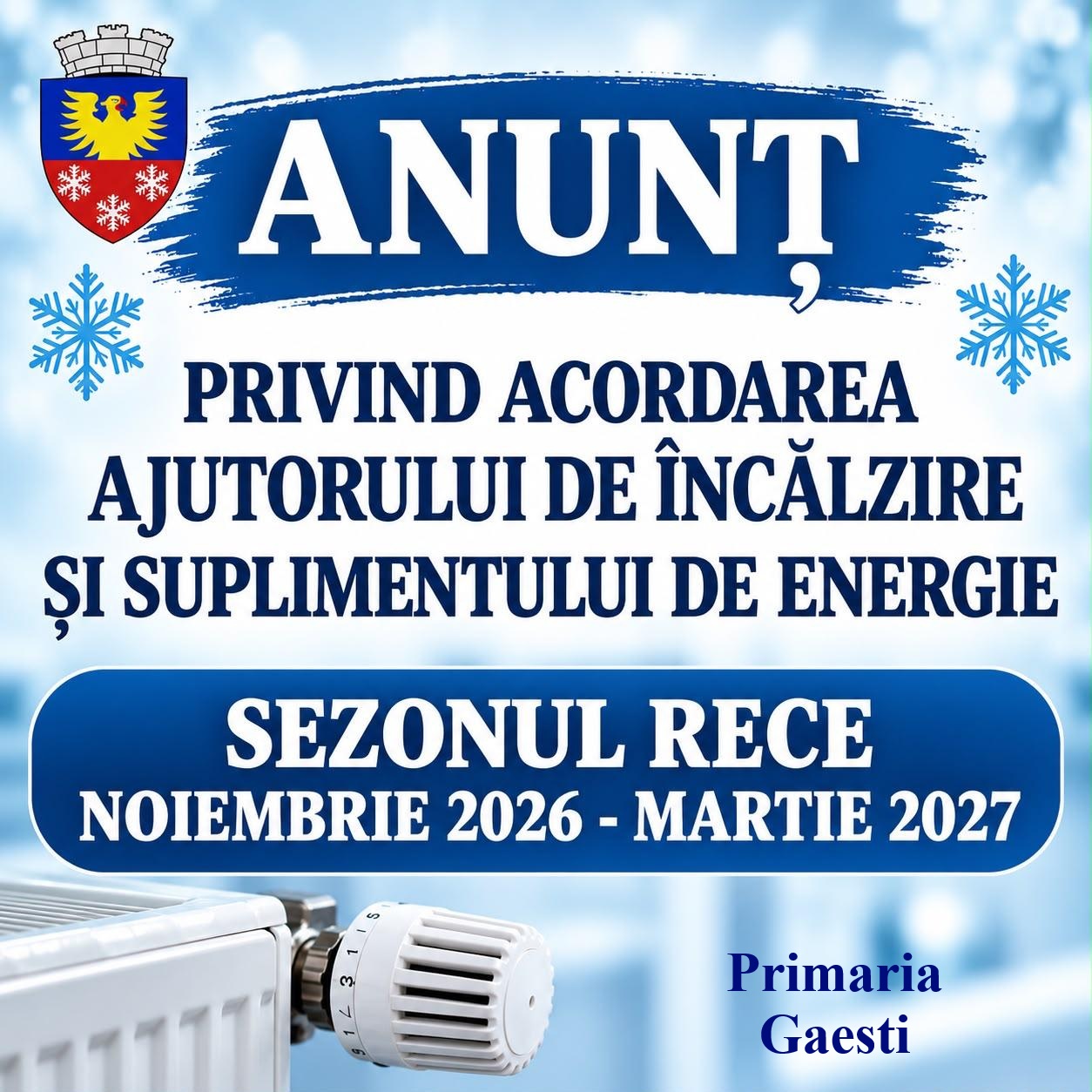 ANUNT privind acordarea AJUTORULUI DE ÎNCĂLZIRE și SUPLIMENTULUI DE ENERGIE